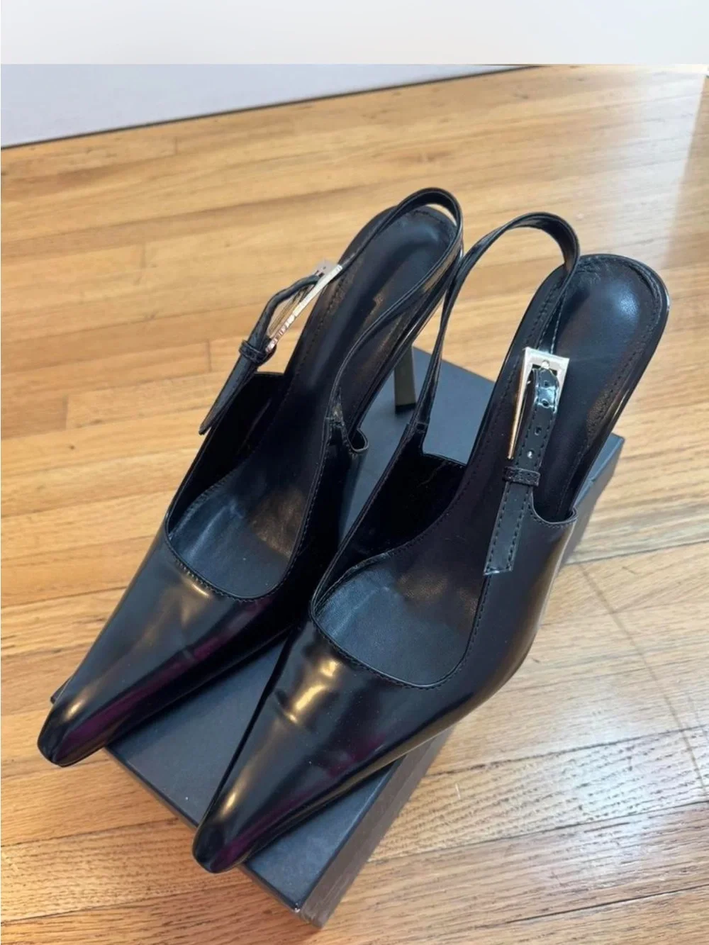 Black Patent Slingback Heels with Gold Stiletto